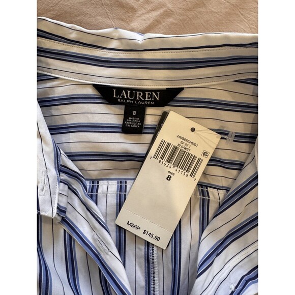 NWT Ralph Lauren Womens 8 White Stripe Tie Button Up Shirttail Broadcloth Dress - Picture 6 of 10